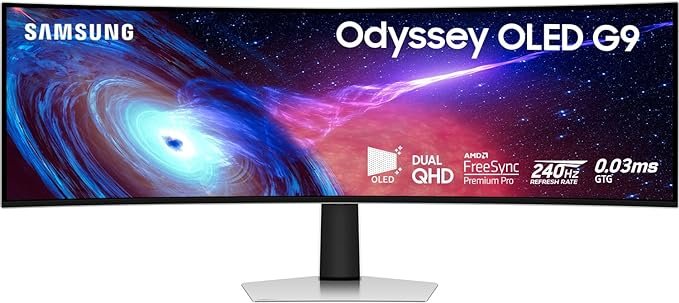 أفضل شاشات الألعاب في 2024: شاشة Samsung Odyssey G9 المنحنية مع دقة QHD مزدوجة ومعدل تحديث 240Hz.